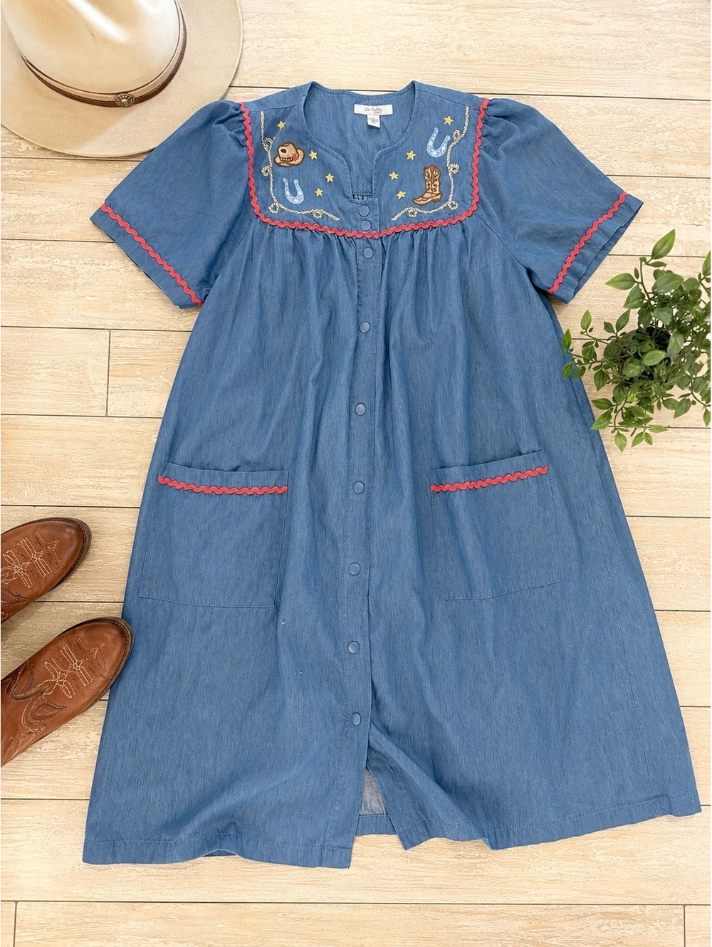 Go Softly Patio Western Cowboy Embroidered Chambray House Dress Women’s Large
